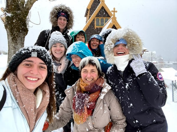 Group in Balestrand, Norway at St Olafs Church.