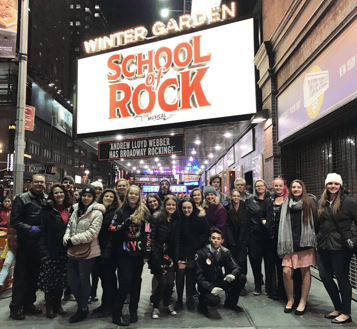 Students at "School of Rock" broadway show with GO Educational Tours.