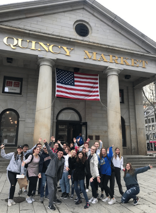 Student group in front of Quincy Market in Boston, Massachusetts.