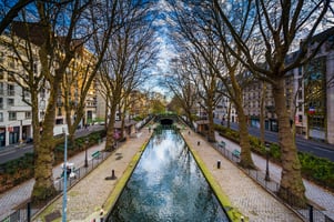 Small park along Canal Saint-Martin, in Paris, France.
