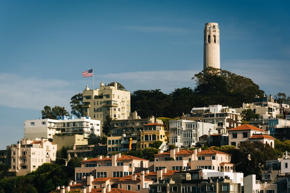 View of Coit Tower and Telegraph Hill, in San Francisco, California.