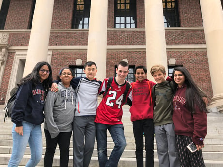 Students on a Harvard campus tour.