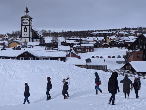 Students walking in Roros, Norway