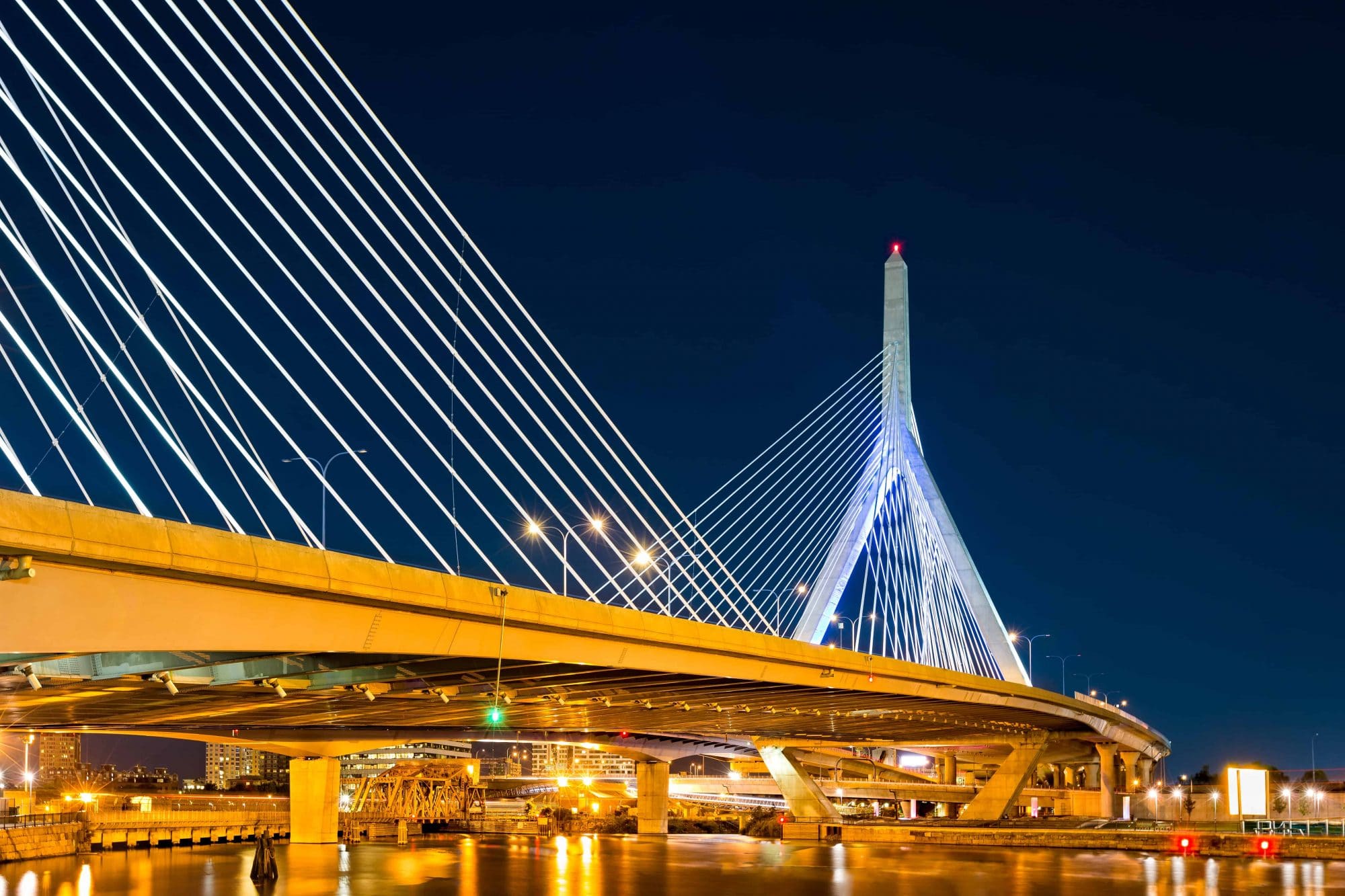 Zakim Bunker Hill bridge in Boston, MA by night