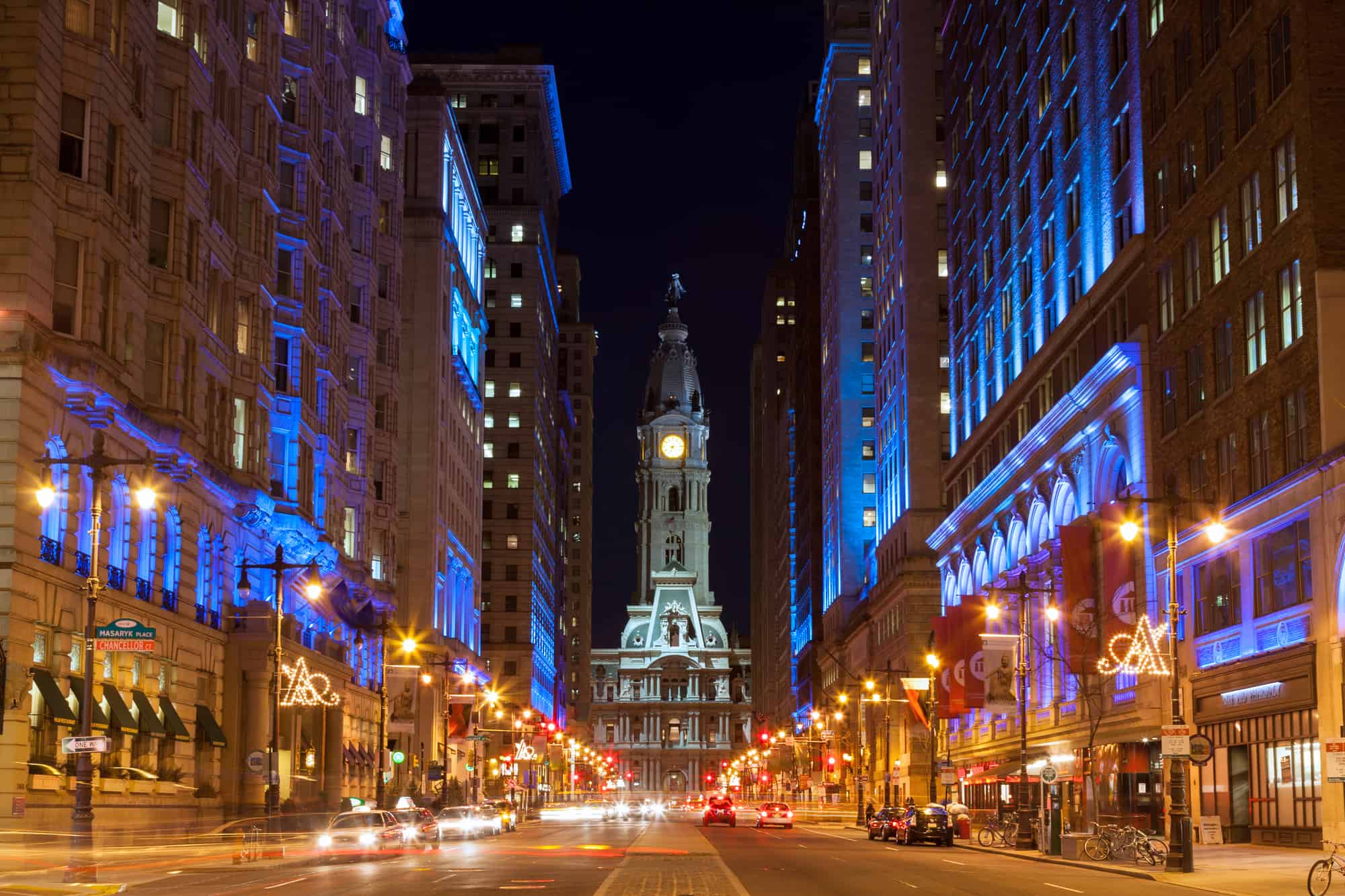 Philadelphia city hall by night , Pennsylvania USA