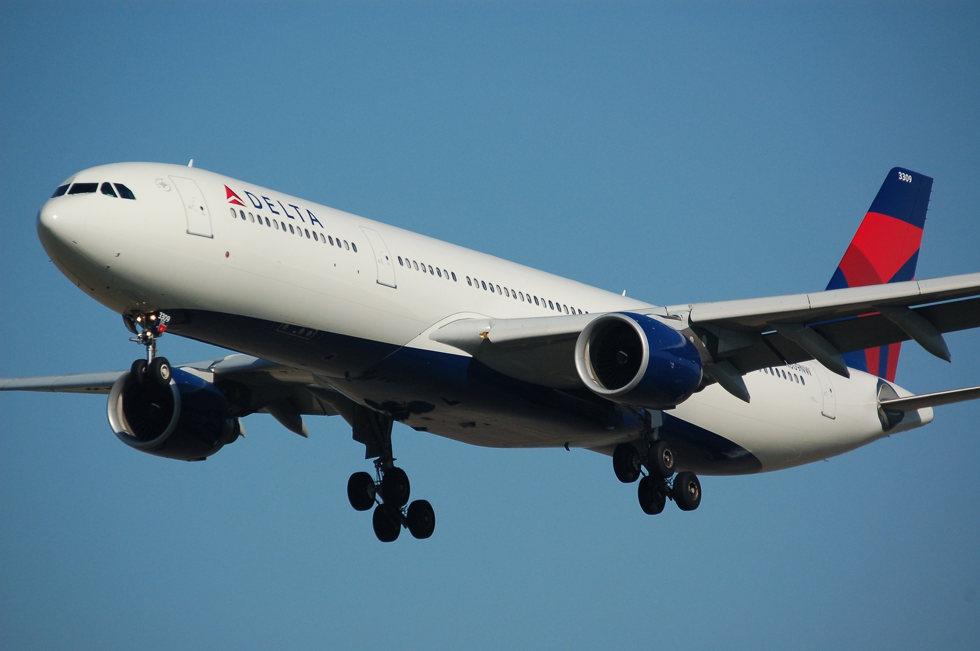 Delta airplane flying in the air. 